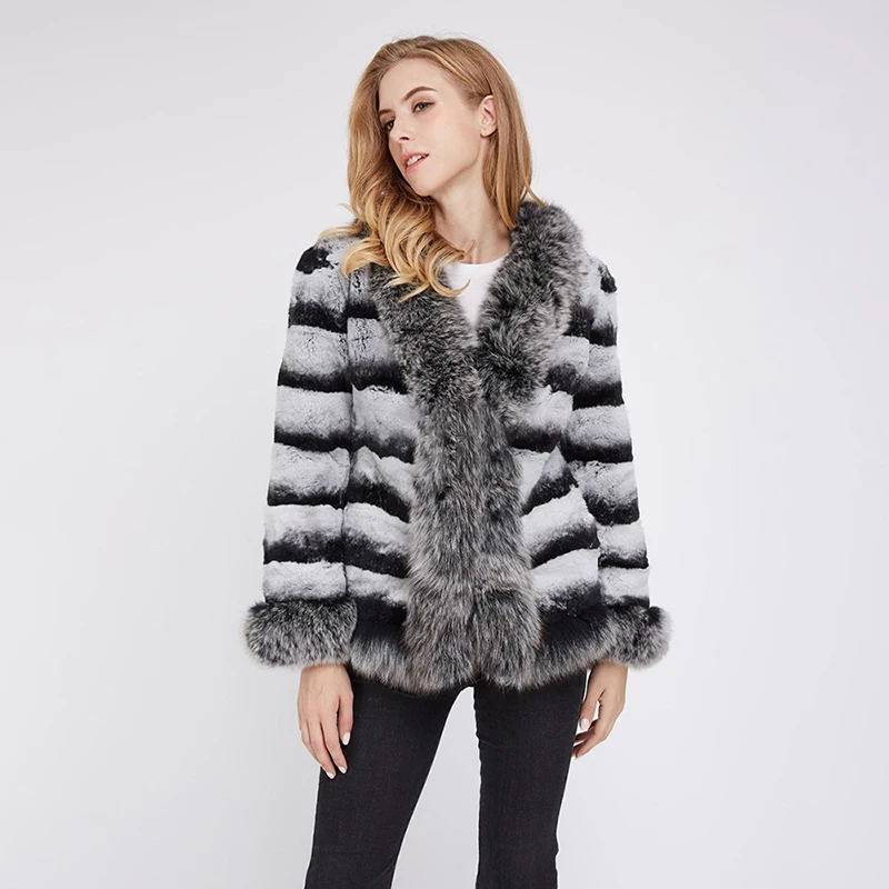 Fox Fur The Cuff Collar Real Rex Rabbit Jacket Women Winter Fashion Contrast Color Warm Tops Genuine Luxury Fur Jacket Female