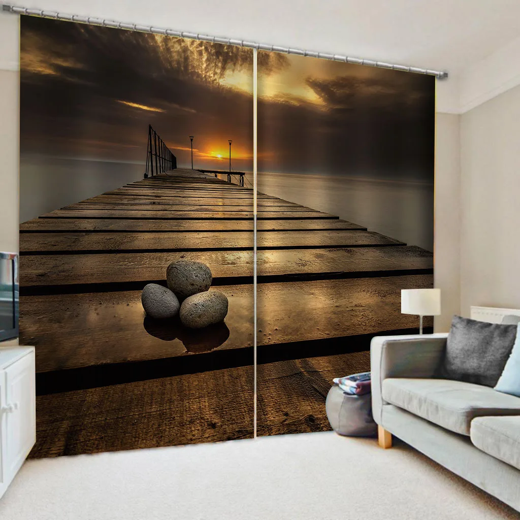 

Polyester Fabric Curtain with Hooks, A Wooden Plank, Road Leading to the Seaside, Bedroom Before the Storm Background, Window Dr