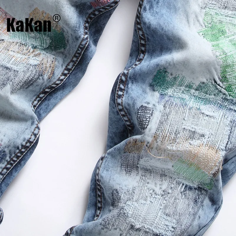 Kakan - New Colorful Embroidered Random Thread Broken Hole Jeans for Men, Personalized Small Leg Pants K19-8841
