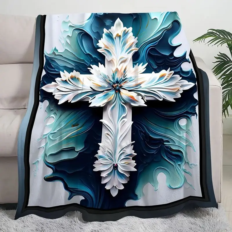 VIKAMA 3D Floral Cross Flannel Throw Blanket Blue Marble Fluid Print Soft Sofa Bedroom Religious Home Decor Gift