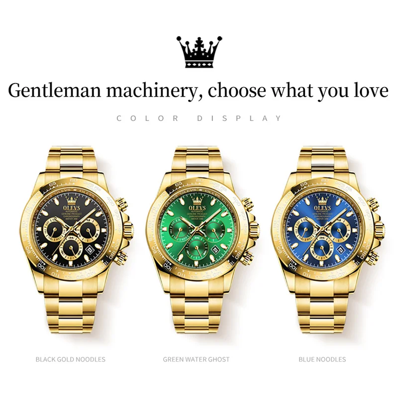 OLEVS Gold Blue Dial Automatic Mechanical Men Watch Multi-function Business Casual Wristwatch Waterproof Watches Montre Homme