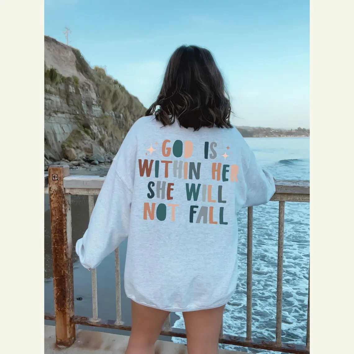 colored god is within her she will not fall Sweatshirt vintage women long sleeve jumper christian bible pullovers