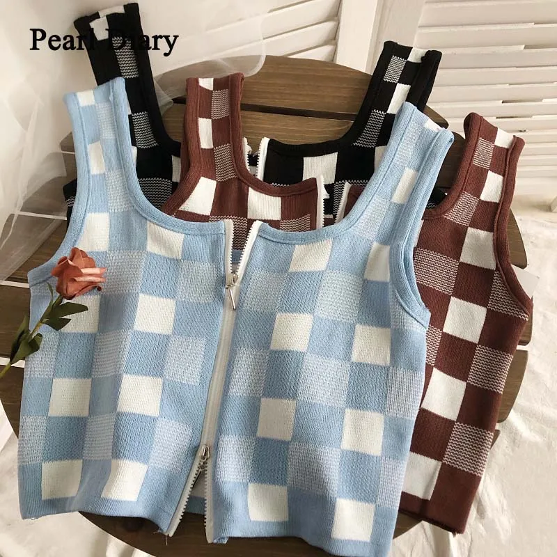 Pearl Diary Assorted Colors Check Zipper Sleeveless Knitted Sling Top   Women Summer Korean Style All-Match Short Vest Tops