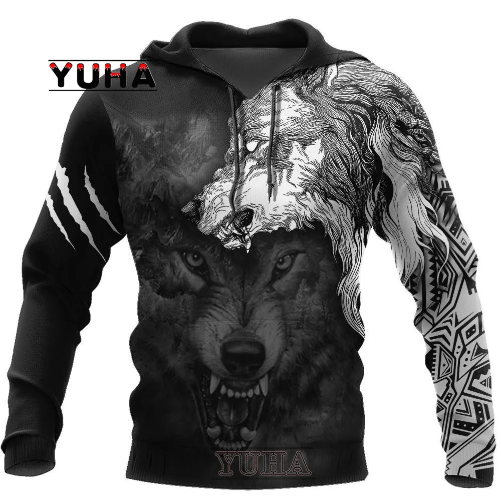 New Wolf Tattoo Vegvisir Black White 3D All Over Printed Men\'s Hoodie & Sweatshirt Unisex Casual Autumn Tracksuits