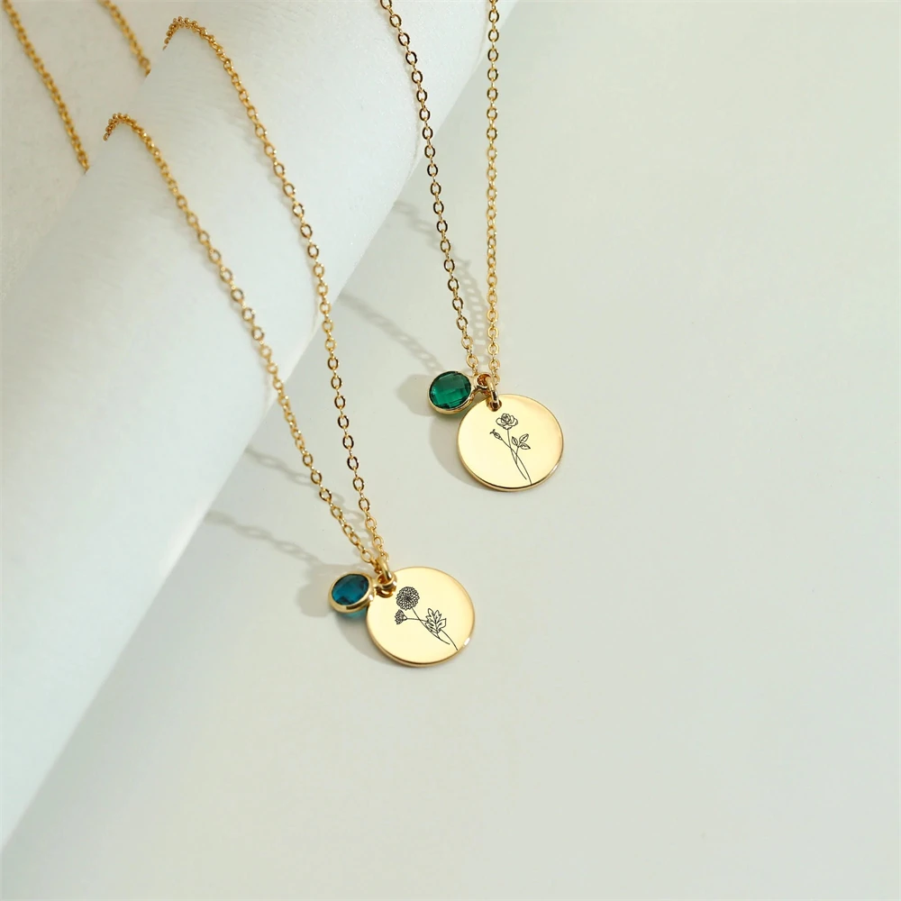 Custom Birthflower Necklaces Fashion Geometric Round Pendant Stainless Steel Necklace For Girls Customized Birthstone Necklaces