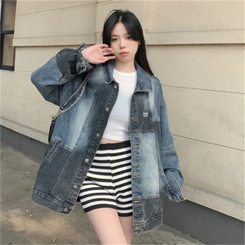 

Coat female 2023 Summer Vintage Blue Splicing Denim Loose Niche Design Sense Patchwork Color Casual All-match Jacket Commuting X