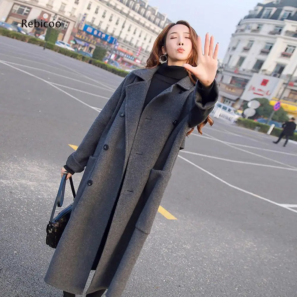 Casual Women Long Length Winter Overcoat Lapel Double Breasted Design Large Side Pockets Loose Fit Solid Daily Outerwear Coat
