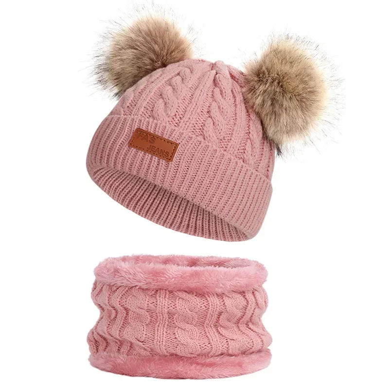 

Детская зимняя вязаная шапка-бини Skullies для девочек, плюшевая шапка с помпоном и шарфом, комплект сохраняющих тепло для детей, 2021