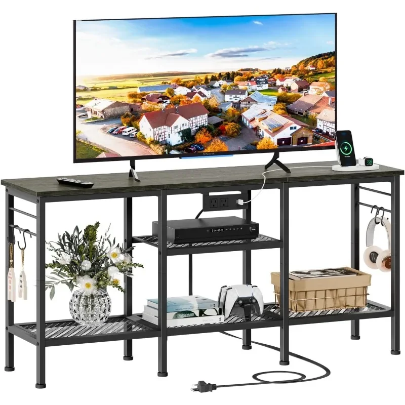 

TV Stand with Power Outlets, Entertainment Center with Open Storage Shelves for TVs up to 55 Inch, TV Media Console