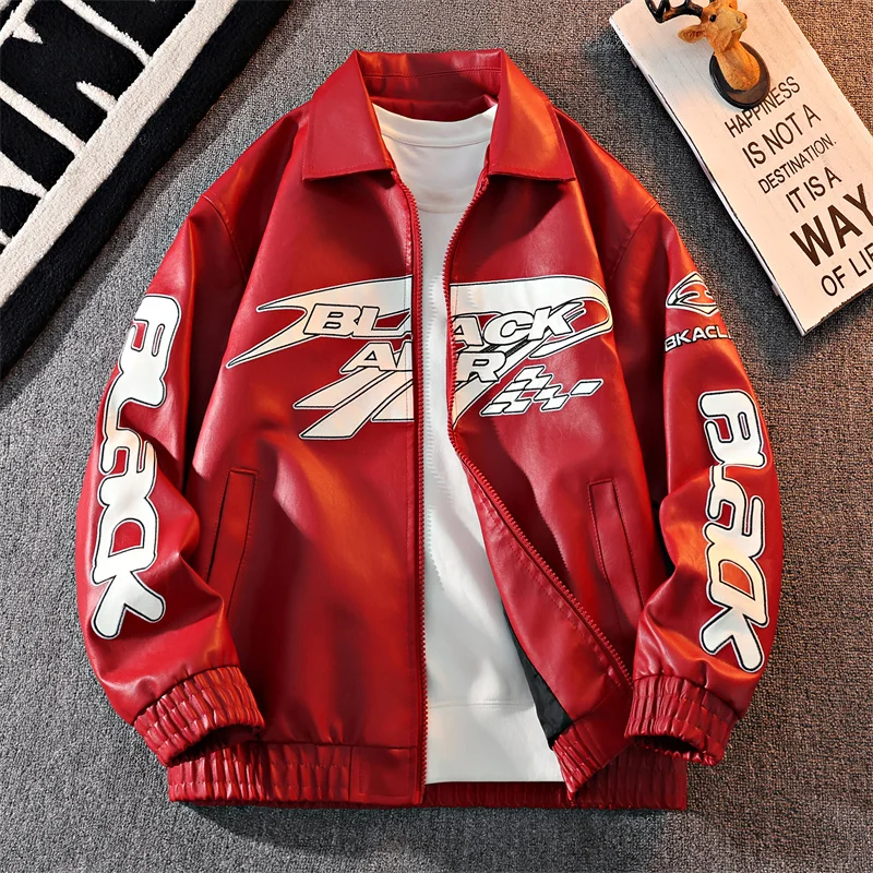 

Красная куртка из искусственной кожи для мужчин, весенне-осенняя, модная, в стиле ретро, американский мотоциклетный пиджак, универсальная молодежная куртка для байкеров...