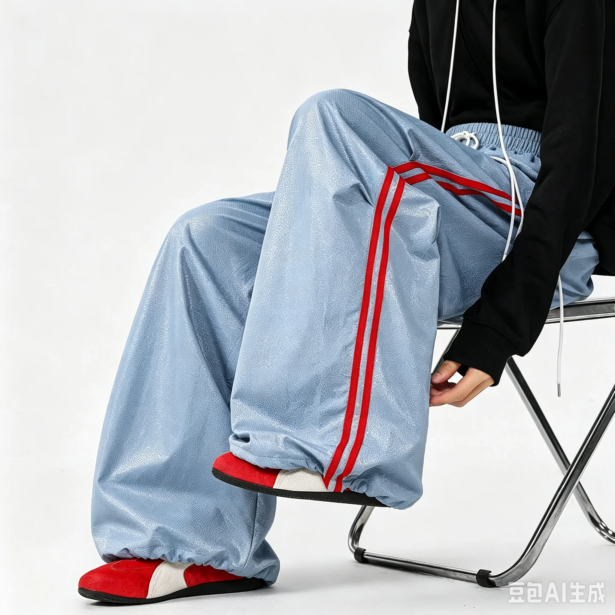Unisex Quick Dry Straight Leg Pants, Men Women Hip Hop Streetwear Trousers Light Blue With Red Side Stripes Loose Long Pants