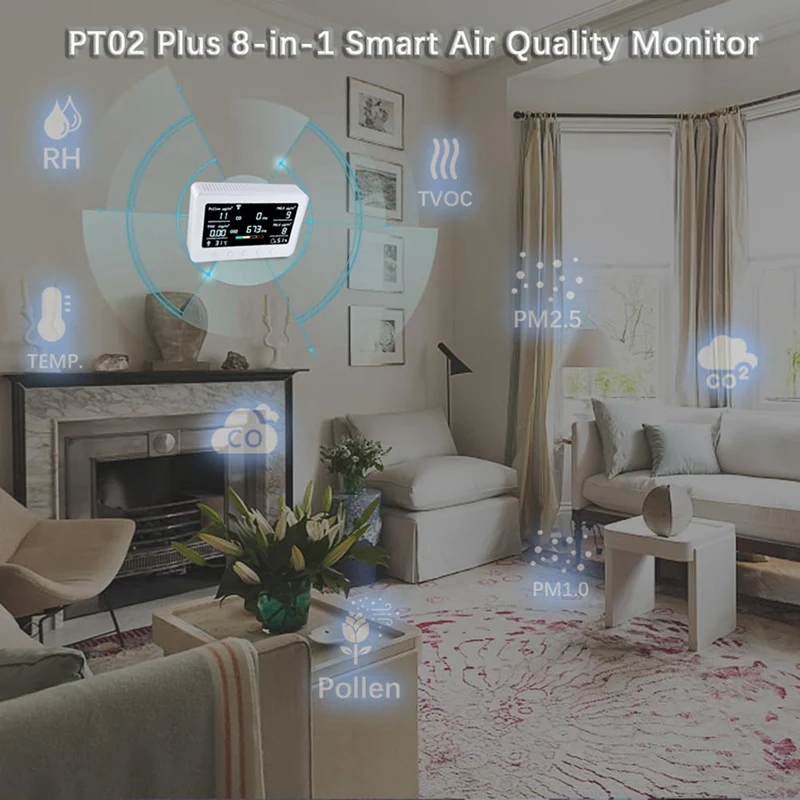 Monitor de Qualidade do Ar Wifi, Controlador de Temperatura, Data Logger, TVOC, CO, CO2, PM2.5, Temp, RH, Iot, PT02 Plus, RS485, Detecta