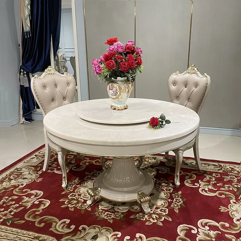 

Marble Round Dining Table and Chairs, European Style Solid Wood Carving Flower Villa Dining Table Restaurant Gray Dining