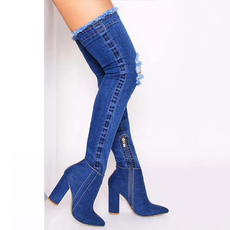 

Woman Block heels Blue Denim Cloth Thigh Boots Ladies Peep Toe Chunky High Heels Over Knee Jeans Boots Side Zipper Cowboy Boots