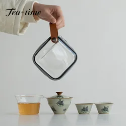 Like A Tiger with Wings Glass Travel Tea Set Set Outdoor Tea Making Portable Ceramic Tiger Fast Customer Cup 1 Pot 2 Cups Gifts