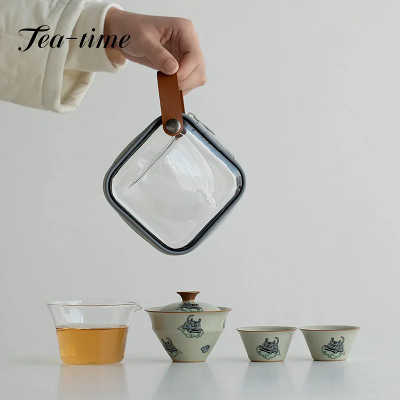 Like A Tiger with Wings Glass Travel Tea Set Set Outdoor Tea Making Portable Ceramic Tiger Fast Customer Cup 1 Pot 2 Cups Gifts