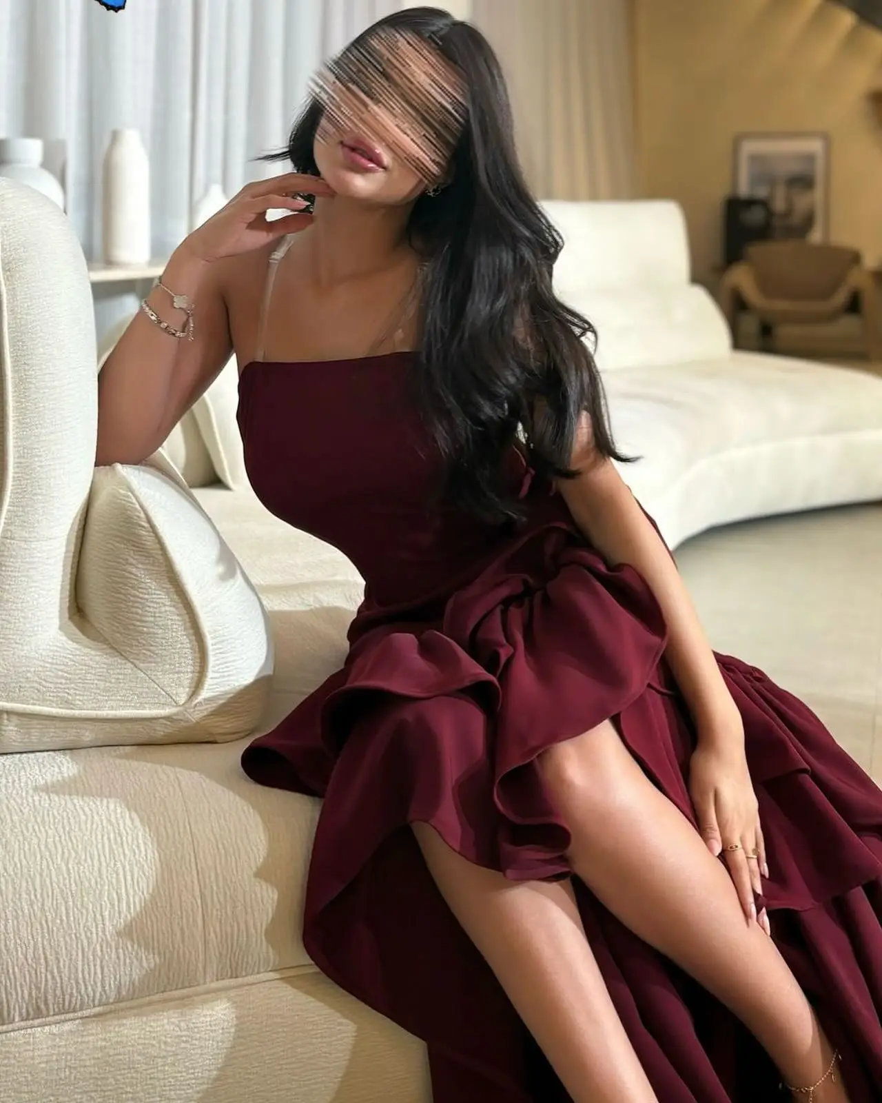 Customized Temperament Mermaid Strapless Satin Evening Dresses Graceful Tiered Ruffles Burgundy Vestido De Festa Robe de soirée