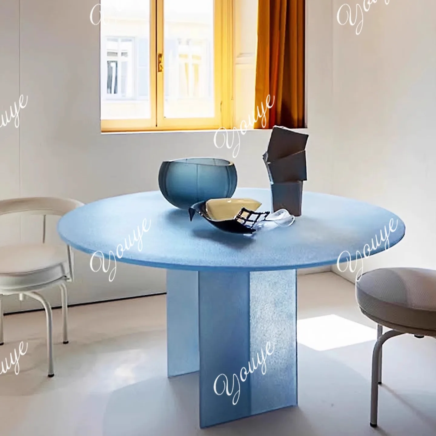 

Italian glass dining table blue Bauhaus minimalist living room tea table meeting desk