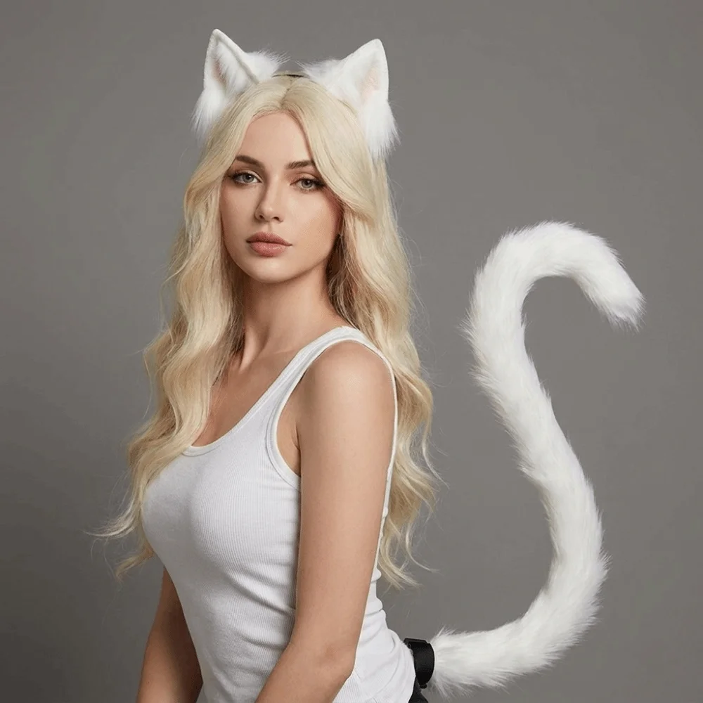 Cute Simulation Animal Cat Ears Headband Party Props Cat Tail Ears Headband Headdress Cat Costume Accessories Party Accessories