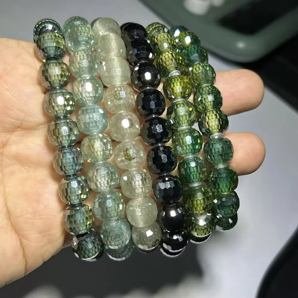

10 мм белые, зеленые, черные круглые граненые бусины Lab VS браслет с бриллиантами из муассанита