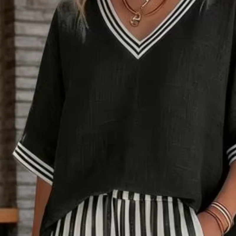 

2026 Simple Women Outfit Set Striped Short Sleeve V Neck Top Wide Leg Pants Set with Pockets Casual Vacation Loose Fit Outfit