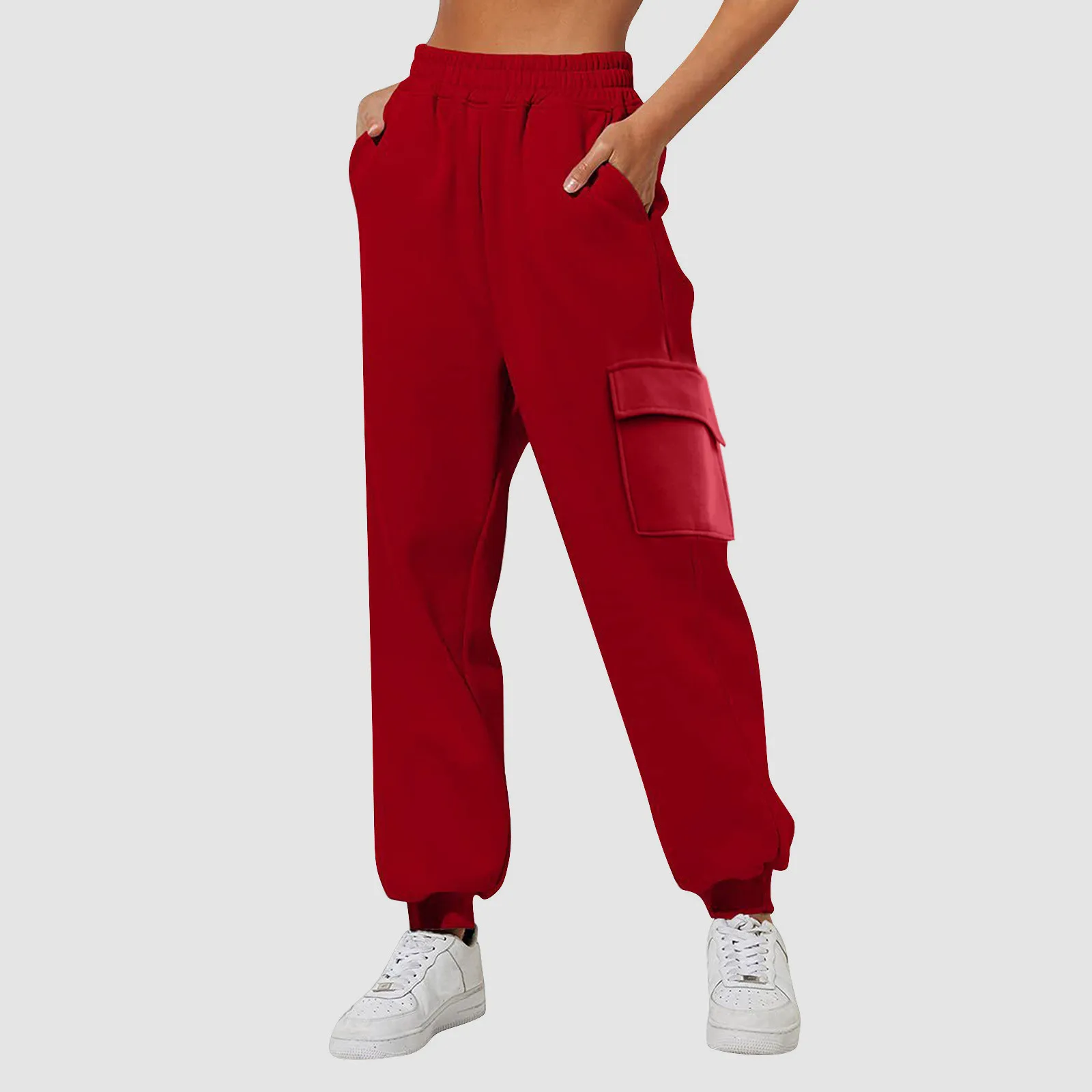 Sport Style Elastic Waist Cargo Sweatpants Casual Solid Women Basic Sweatpants Plus Size Loose Straight Leg Pants Daily Outfit