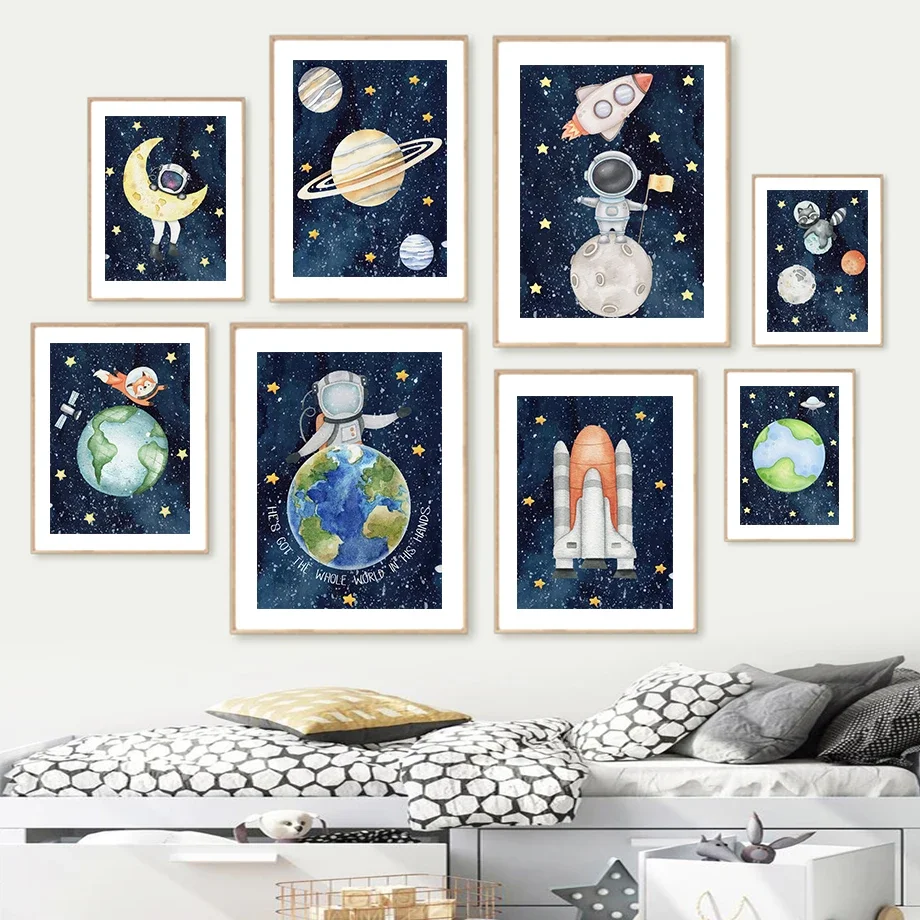 Space Shuttle Astronaut Rocket Planet Space Posters And Prints Wall Art Canvas Painting Picture Kids Boy Bedroom Nursery Decor