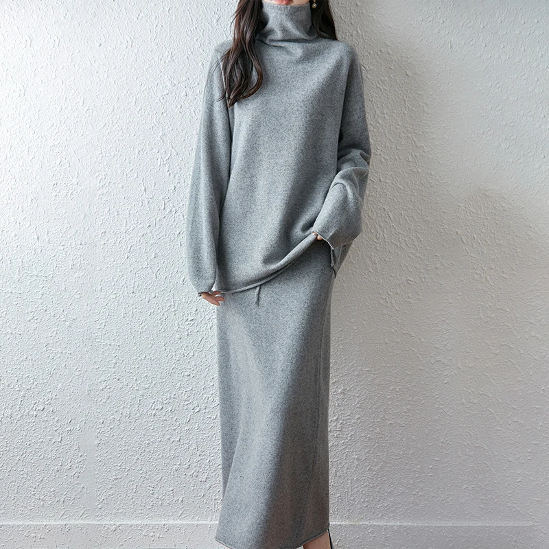 Fashion Suit 2026 Autumn 100% Wool Knit Turtleneck Large Size Sweater Women Tops And Harem Skirt Two-Piece Women Clothes