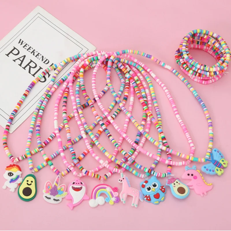 Collar Heishi de arcilla polimérica con dibujos de unicornio, arcoíris, mariposa, sirena, joyería, regalos de cumpleaños para fiesta de niña