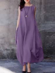 Fashion Solid Color Sleeveless Long Dresses Women Spring Summer New Simple Style Pocket Loose Big Hem Dress Lady Trendy Vestidos