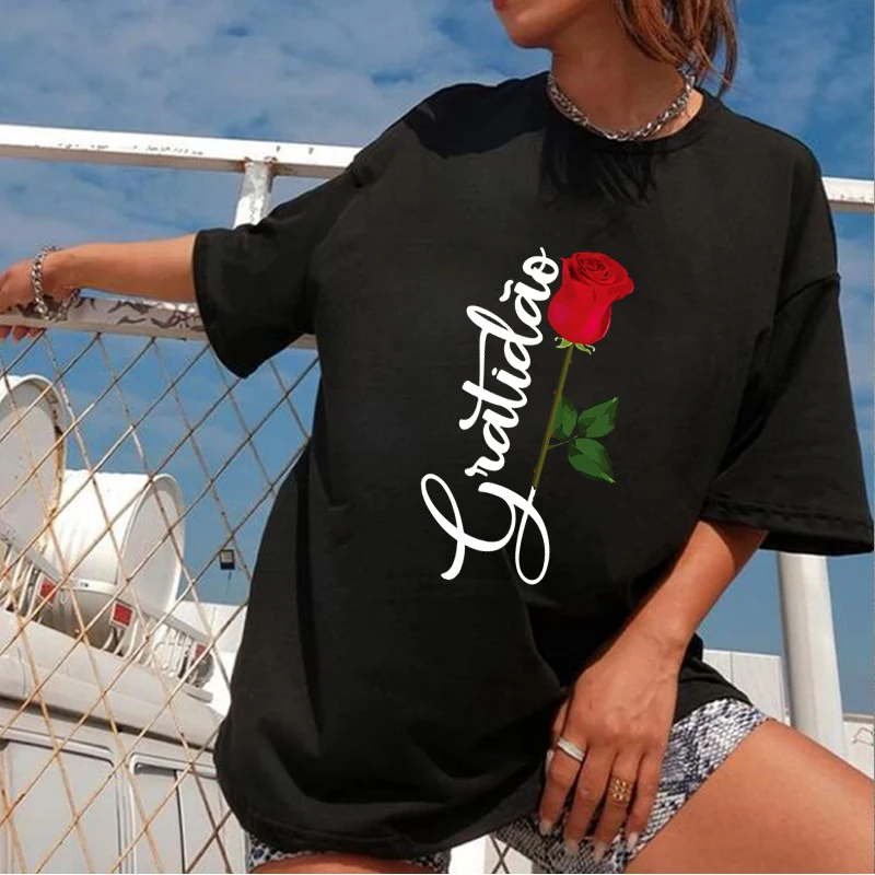 Flowers Roses Girlfriend Vintage Women 2000s Y2k Clothes Aesthetic Summer T-Shirt Streetwear Harajuku Letter Graphic Print