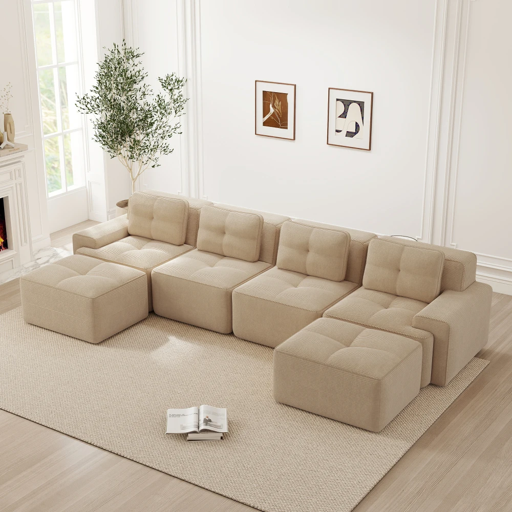 Luxuriöses U-förmiges Modulares Knochenloses Cloud-Sofa, Bequeme Cord-Couch, Montagefreies Rutschfestes Beige Sofa für Zuhause und Apartment