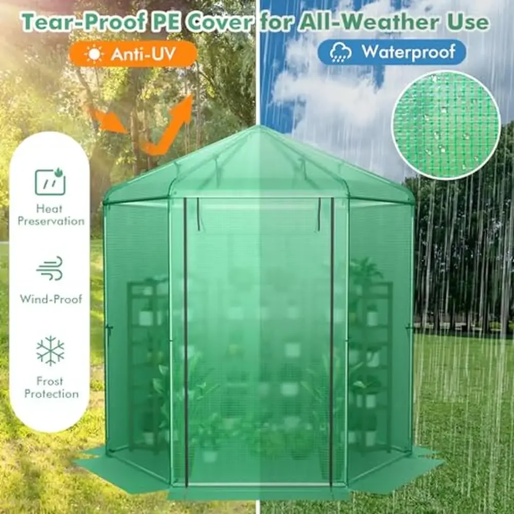 Large Hexagonal Walk-in Greenhouse with Heavy-Duty Metal Frame 2-Layered Roll-Up Windows Ground Stake Extended Growing Season &