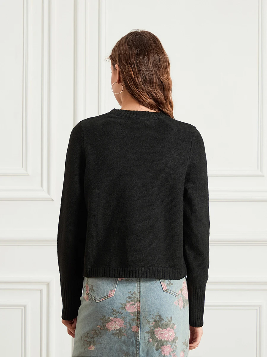 Women s Cozy Knit Pullover Sweater with Long Sleeves and Embroidered Bow Detail Perfect for Fall and Winter Casual Wear