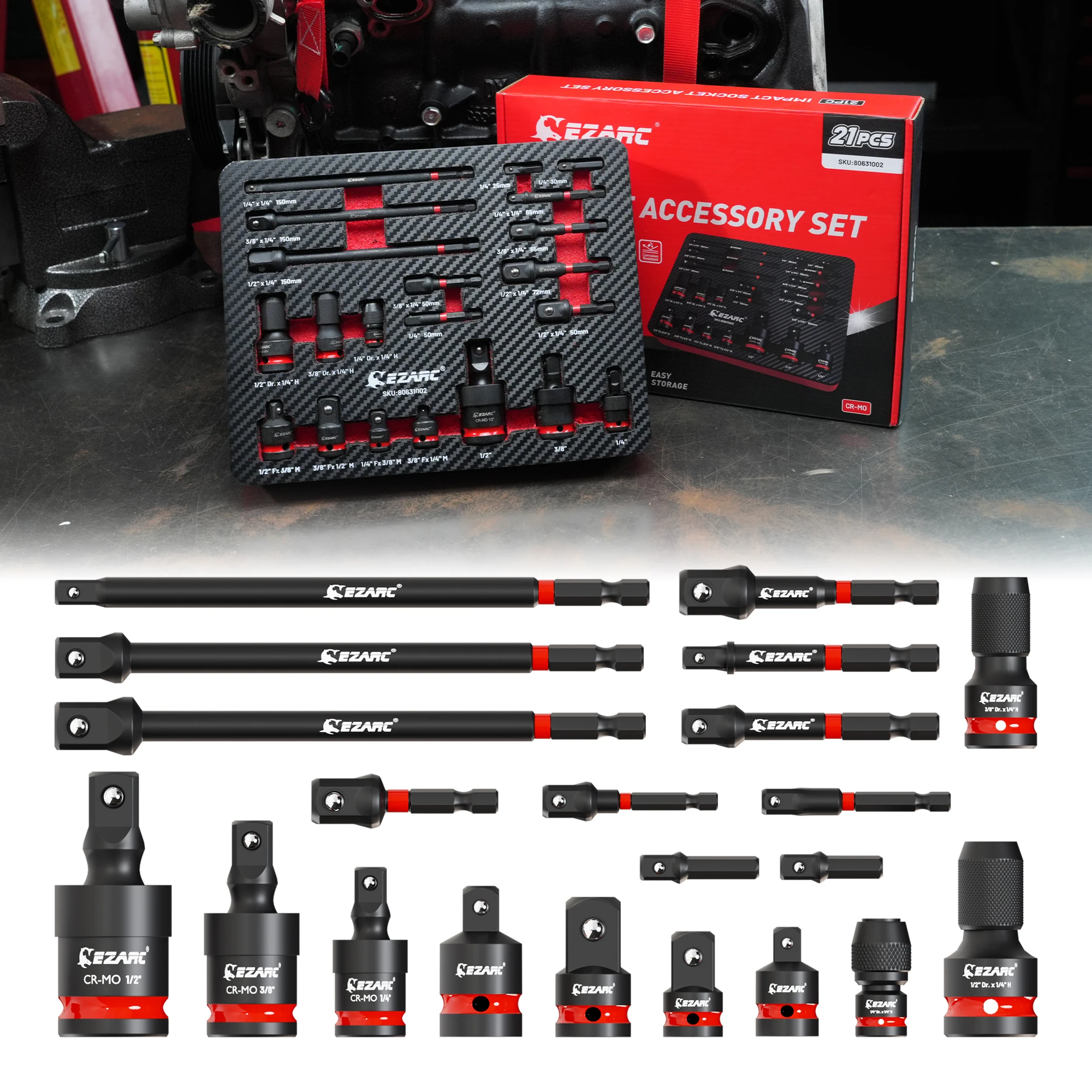 EZARC 21pcs Impact Socket Adapter Set - CR-MO Universal Swivel Socket Set & Impact Couplers, CR-V Reducers & Hex Extension Bits