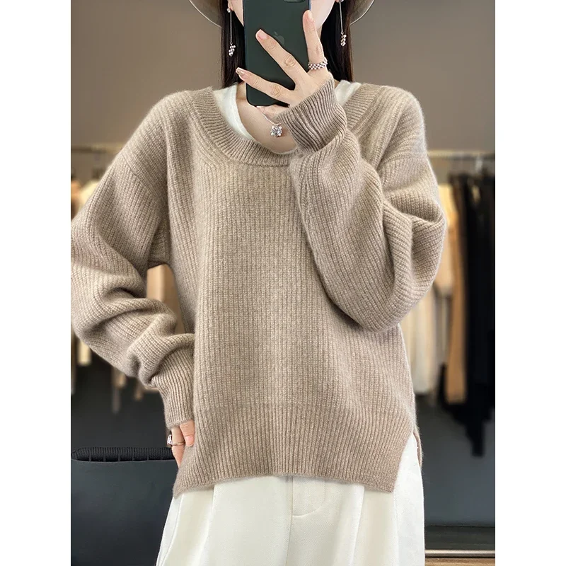 

Women's Round Neck Cashmere Sweater, Loose Knitted Wool Jumper, Large Size, Lazy Wind, Autumn, Winter Fashion, 100%