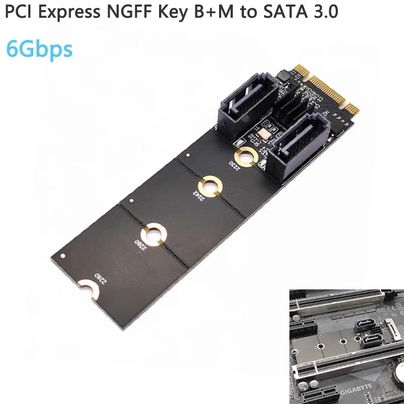 

NVME PCI Express NGFF ключ B + M на SATA 3,0 6 Гбит/с, два порта, вертикальный адаптер, жесткая Фотокарта JMB582 2230 2242