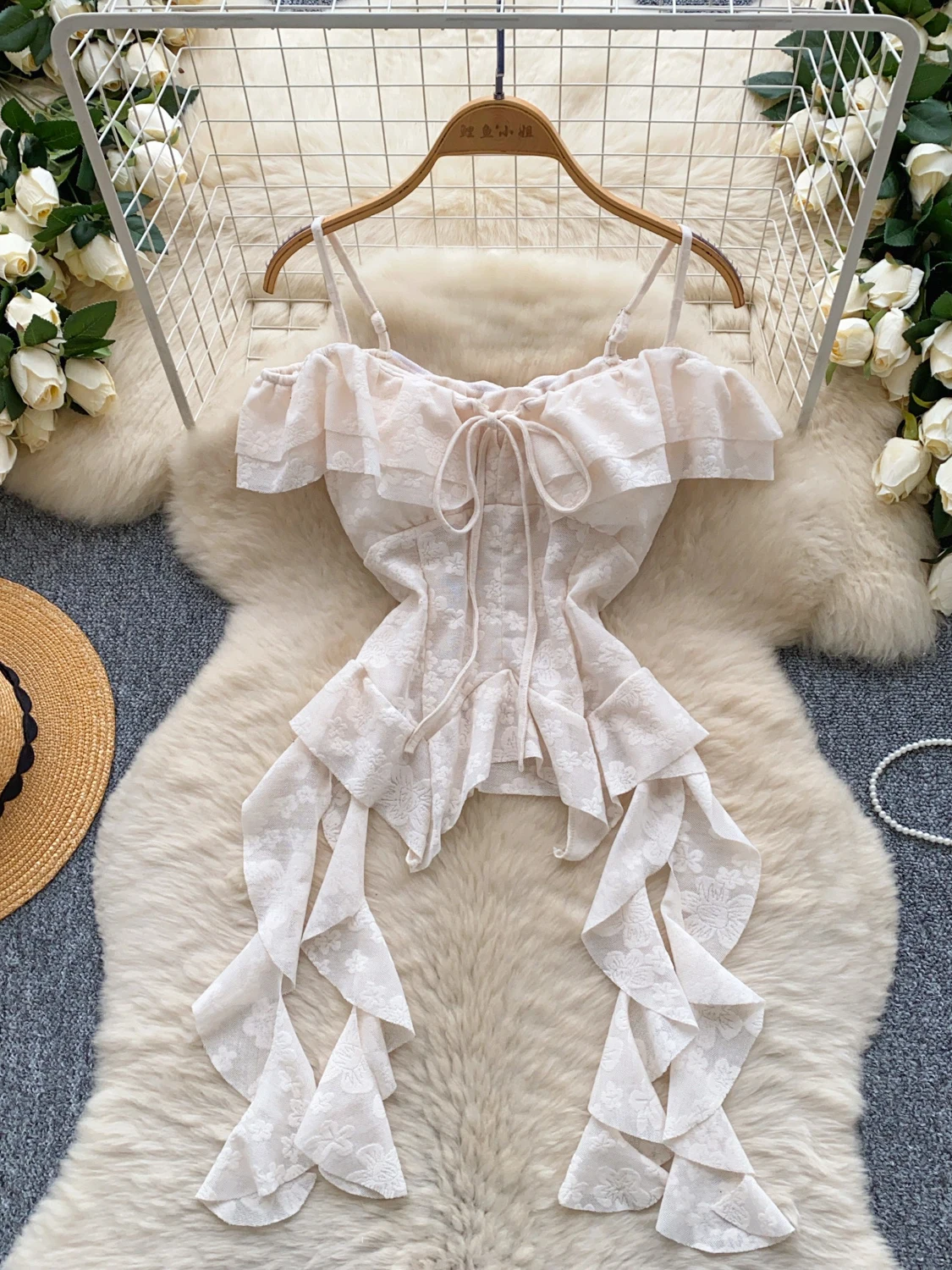 Design Sensation Irregular Hem Blouse Women's Slim Fit oulder Strap irt Spring Summer Pure Desire Sle Korean Version