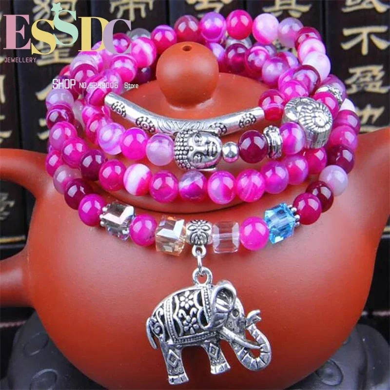 

Natural Multicolor Stone Agate Beads Men Or Women 108 Mala Hand String Chakra Yoga Healing Bracelet Elephant Pendant