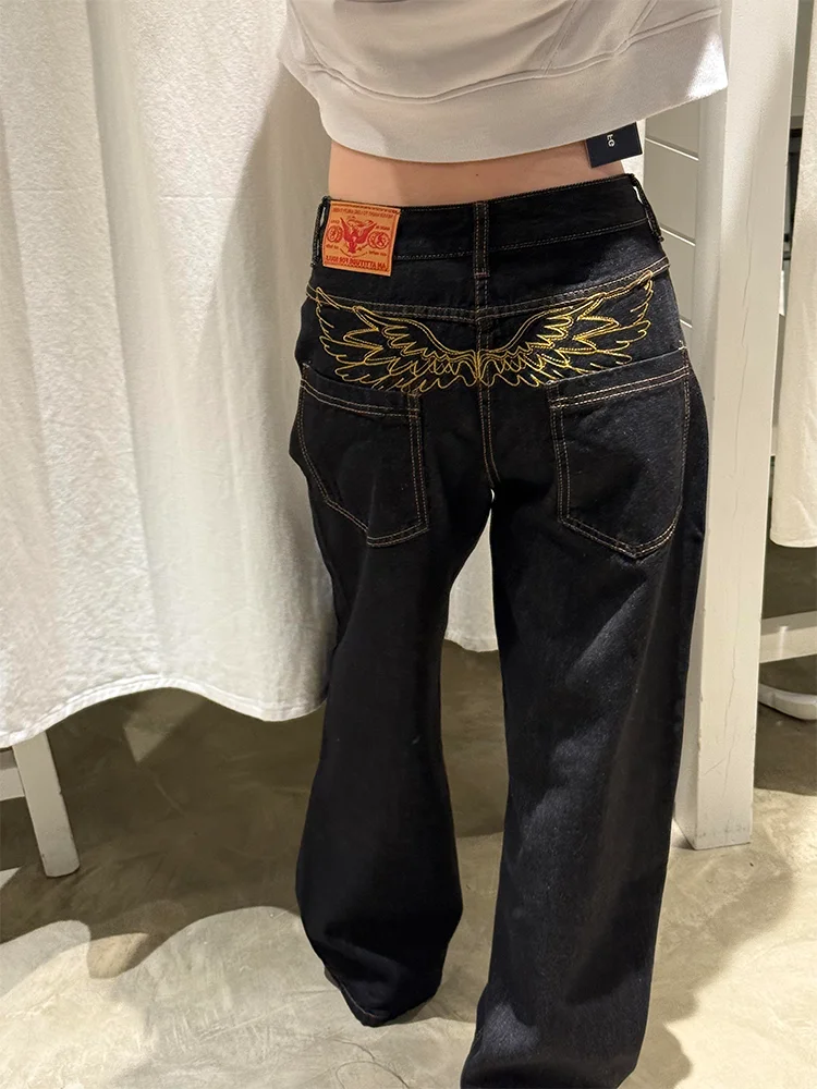 

High Waist Wide Leg Jeans Women's Distressed Embroidery Design Loose Fit Straight Cut Slimming Casual Denim Pants