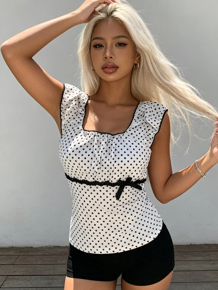

French vintage square neck square neck bubble sleeve waist cinched top y2k vintage sweet and spicy polka dot short sleeved vest