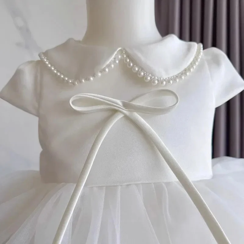 

Cute Customized Flower Girl Dress For Wedding Layered Tulle Pearls Knee Length Baby Girl Birthday First Communion Gown