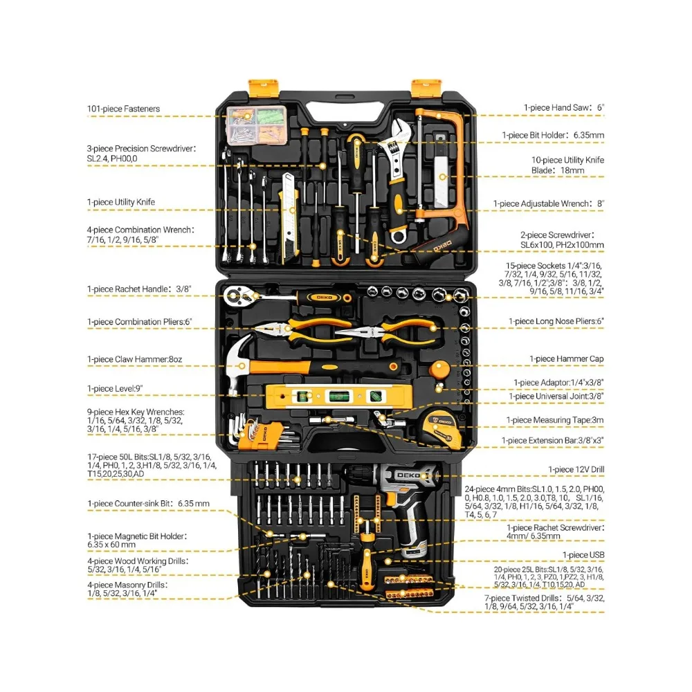 

Tool Kit Box Drill Set： Home Mechanic Toolbox with 12V Power Cordless Drill Hand Repair Tools Sets
