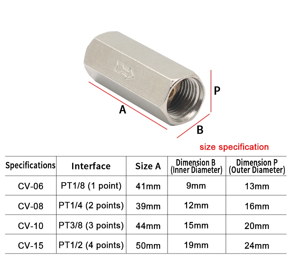 صمام لولبي CV Pneumatic Check Valve Control Valve Air Valve 1/8 1/4 3/8 1/2 3/4 BSP Internal Threaded Brass Pneumatic One-Way Check الهواء المضغوط — تفصيل 2