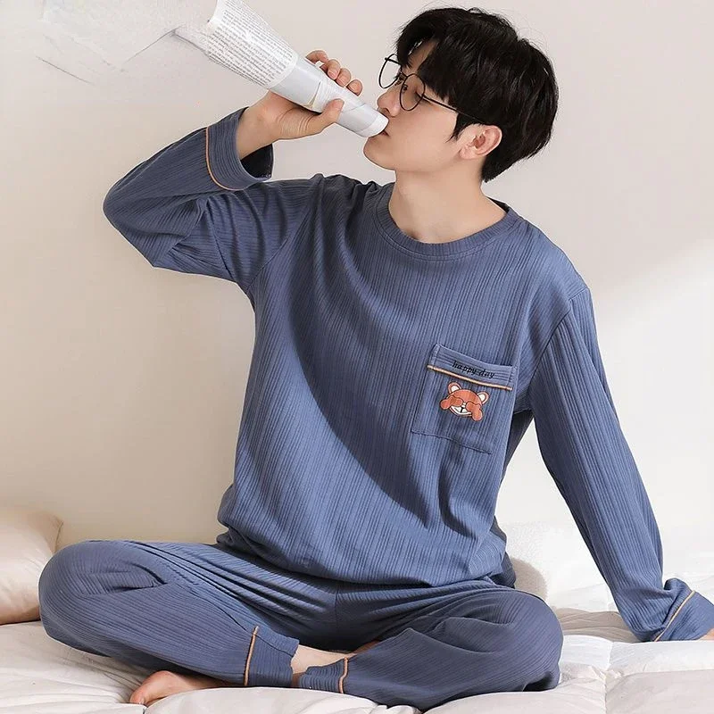 Piyama katun pria, set lengan panjang celana panjang baju tidur Pullover pakaian rumah busana Korea longgar kasual