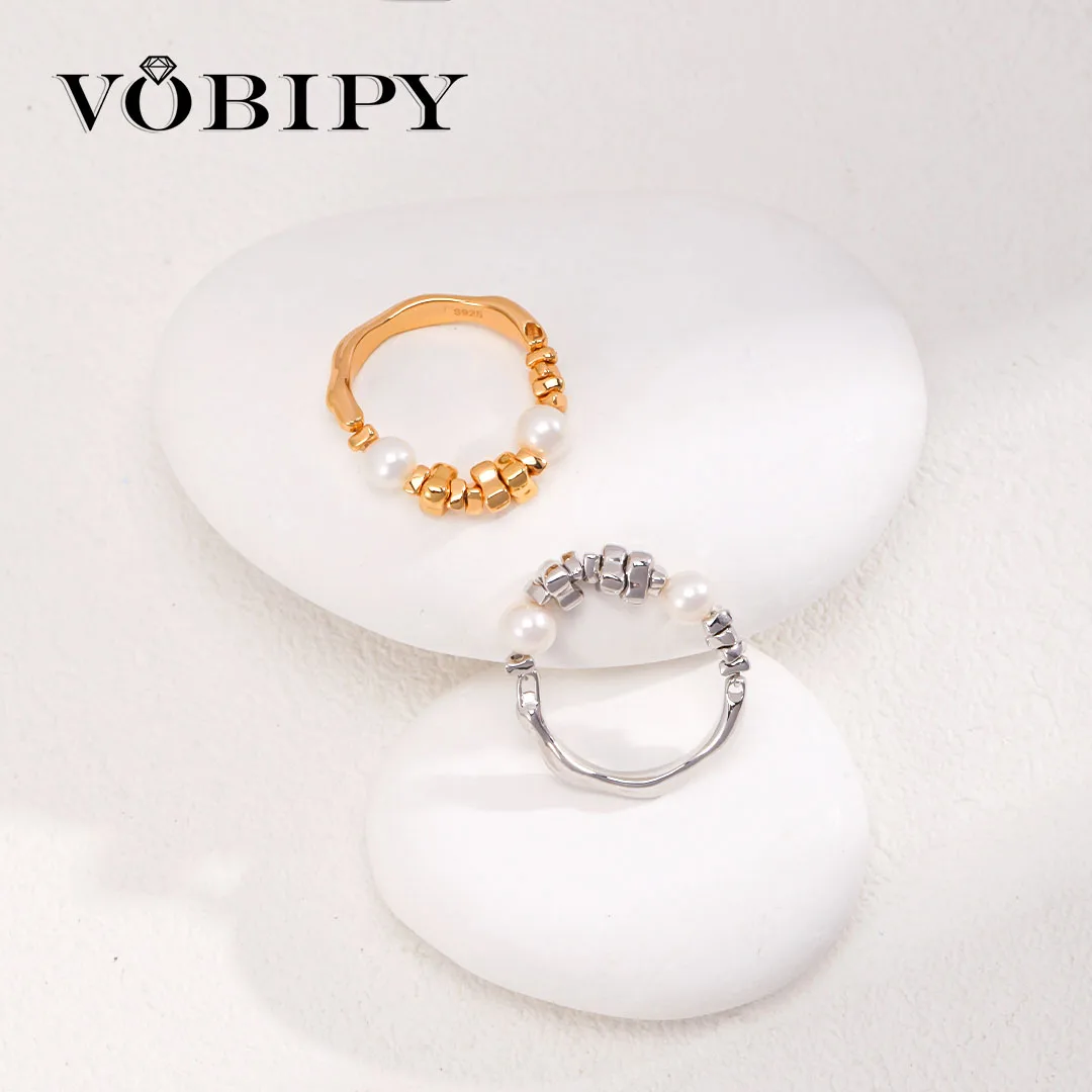 

VOBIPY S925 Sterling Silver Pearls Balls Stretched Ring for Women Freshwater Pearl Adjustable Jewelry Wedding Tail Finger Ring