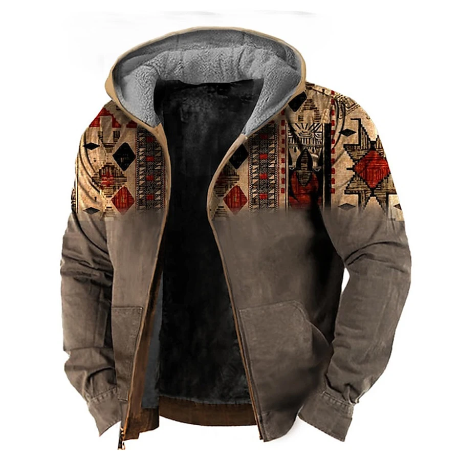 

Winter Men Zip Up Hoodies Long Sleeve Fleece Hood Jacket Traditional Tribal Graphics Casual Outerwear Sweatshirt Streetwear