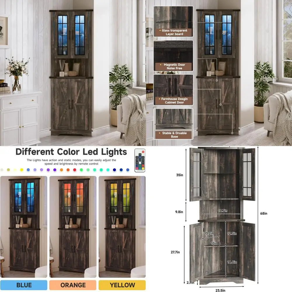 led-illuminated corner cabinet for storage in living room, kitchen, or bathroom - tall, antique dark brown