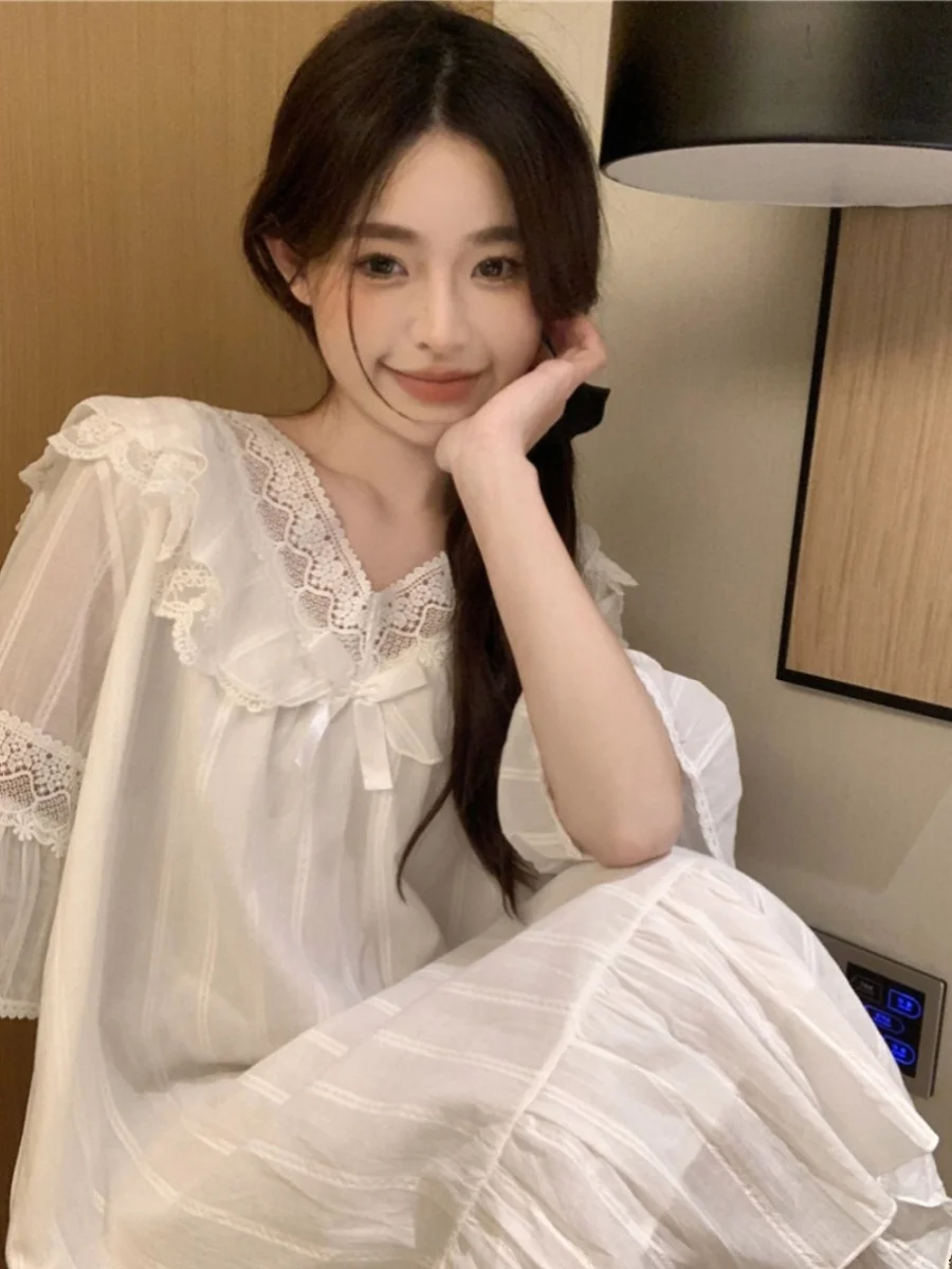 Women's Sleepwear Sweet Lace White Court Style Nightdress Summer Short Sleeve Loose Cotton Princess Style Pajamas Homewear