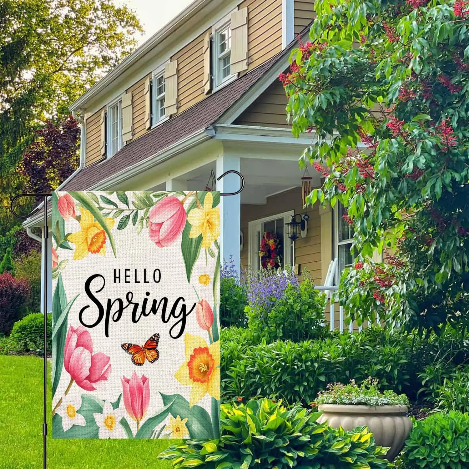 Hello Spring Floral Garden Flag 12x18 Inch Double Sided Tulip Daffodil Butterfly Small Burlap Yard Flag for Outside EYY IIX SSL